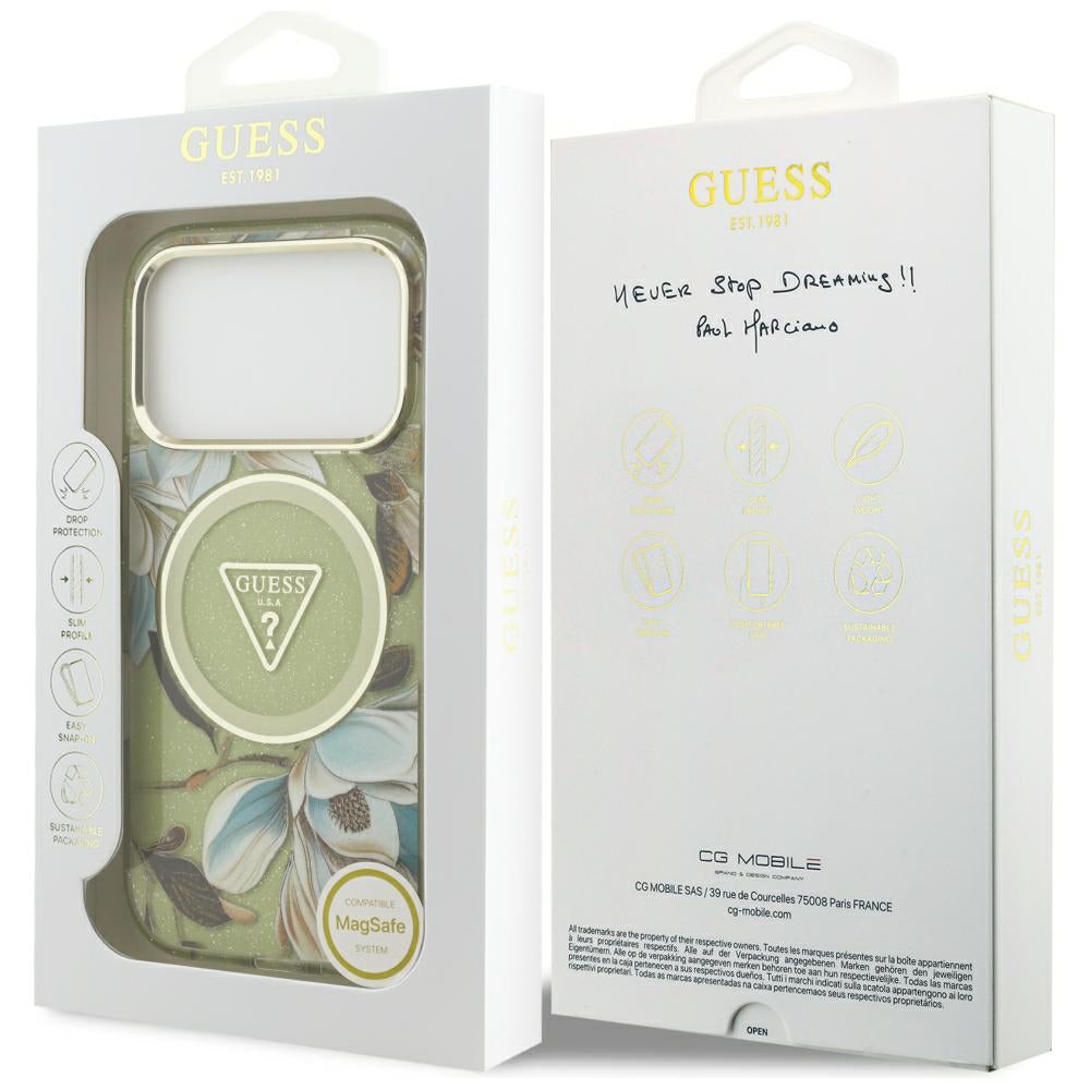 MagSafe-cover til Apple iPhone 18 Pro Max / 17 Pro Max, Guess, IML Metal Glitter Flowers Triangle, grøn