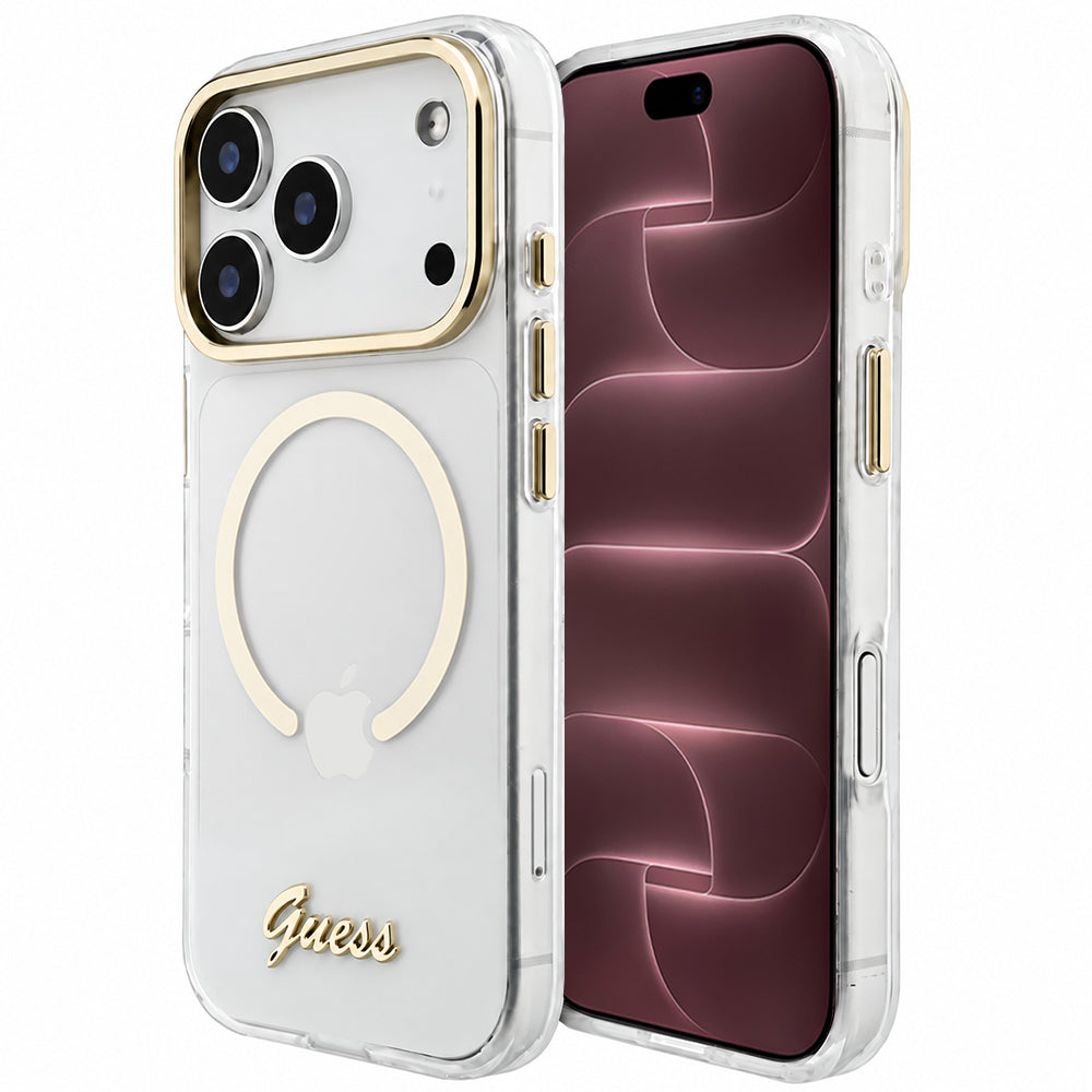 MagSafe Case for Apple iPhone 18 Pro Max / 17 Pro Max, Guess, IML Script Metal, Transparent