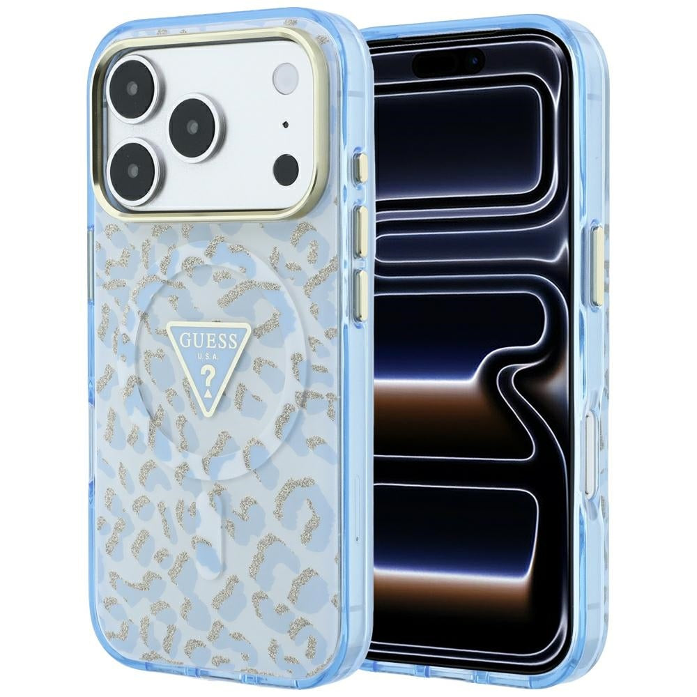 MagSafe-etui til Apple iPhone 18 Pro Max / 17 Pro Max, Guess, Leopard Glitter Triangle Logo, Blå
