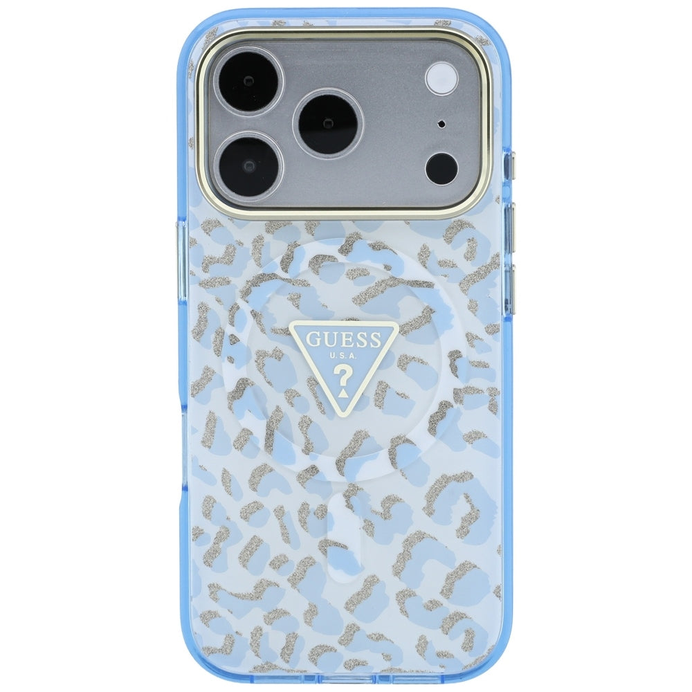 MagSafe-etui til Apple iPhone 18 Pro Max / 17 Pro Max, Guess, Leopard Glitter Triangle Logo, Blå