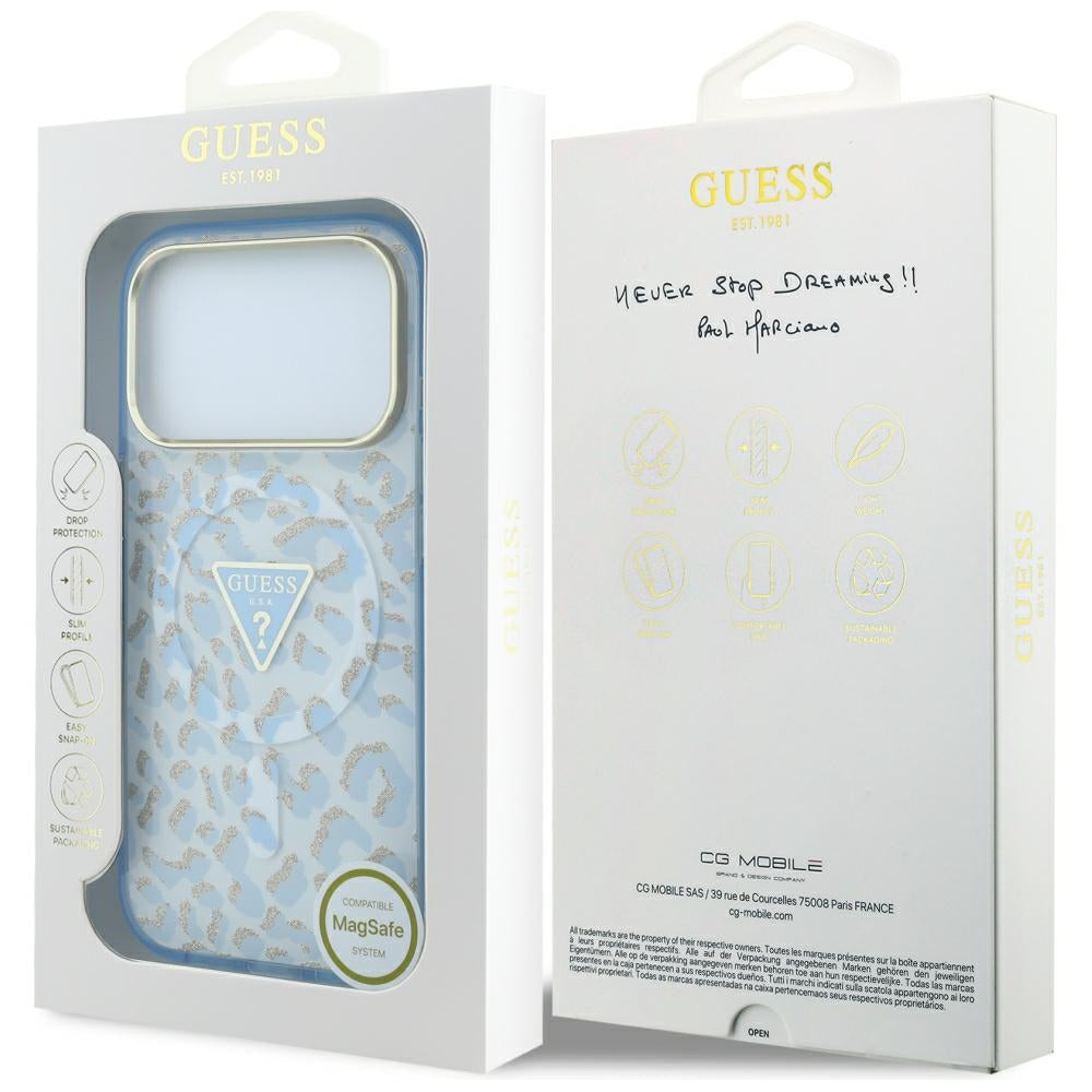MagSafe-etui til Apple iPhone 18 Pro Max / 17 Pro Max, Guess, Leopard Glitter Triangle Logo, Blå
