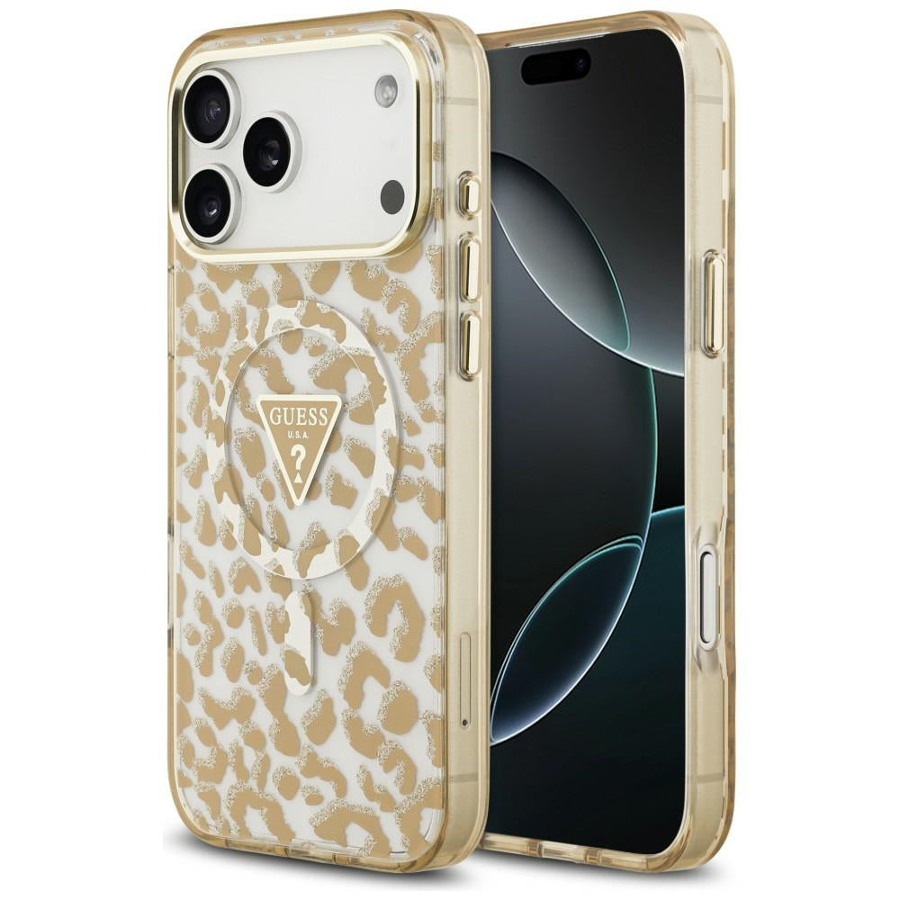 MagSafe-etui til Apple iPhone 18 Pro Max / 17 Pro Max, Guess, Leopard Glitter Triangle Logo, Brun