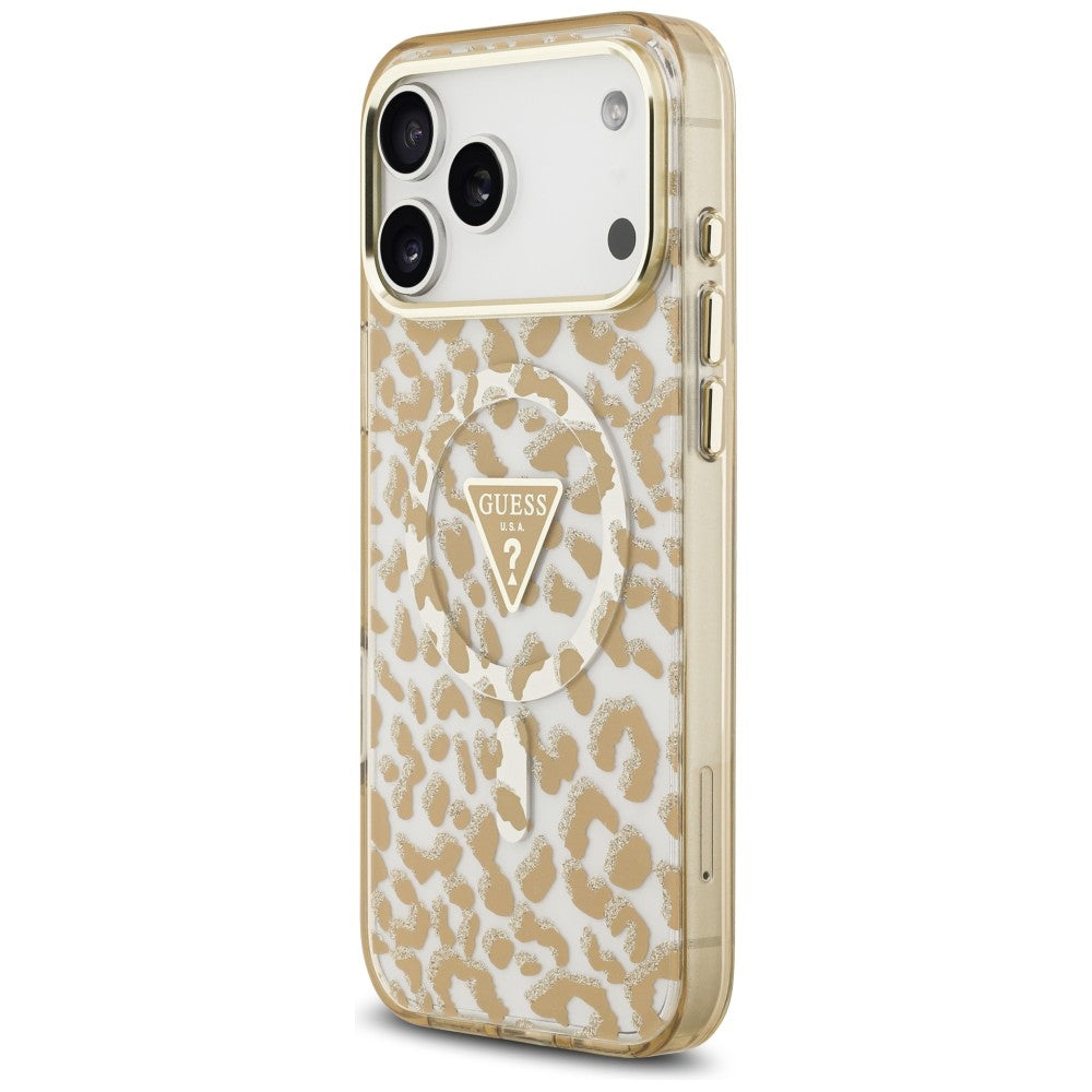 MagSafe-etui til Apple iPhone 18 Pro Max / 17 Pro Max, Guess, Leopard Glitter Triangle Logo, Brun