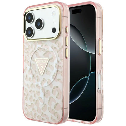 MagSafe-etui til Apple iPhone 18 Pro Max / 17 Pro Max, Guess, Leopard Glitter Triangle Logo, Pink