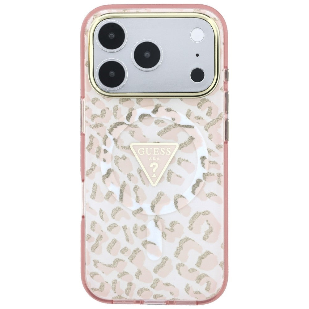 MagSafe-etui til Apple iPhone 18 Pro Max / 17 Pro Max, Guess, Leopard Glitter Triangle Logo, Pink