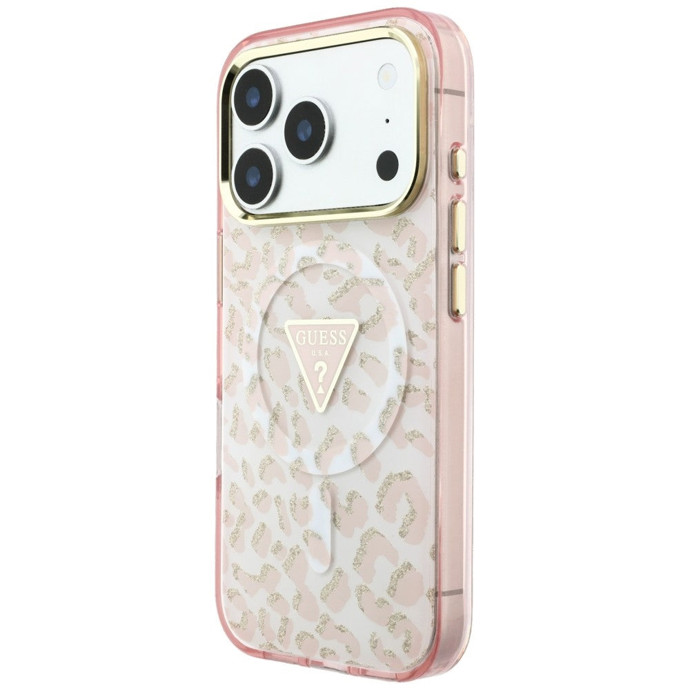 MagSafe-etui til Apple iPhone 18 Pro Max / 17 Pro Max, Guess, Leopard Glitter Triangle Logo, Pink