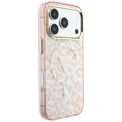 MagSafe-etui til Apple iPhone 18 Pro Max / 17 Pro Max, Guess, Leopard Glitter Triangle Logo, Pink
