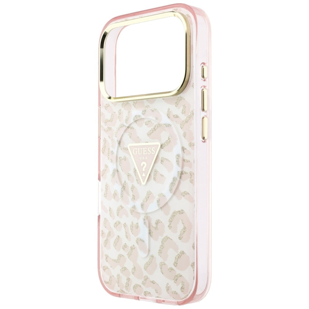 MagSafe-etui til Apple iPhone 18 Pro Max / 17 Pro Max, Guess, Leopard Glitter Triangle Logo, Pink