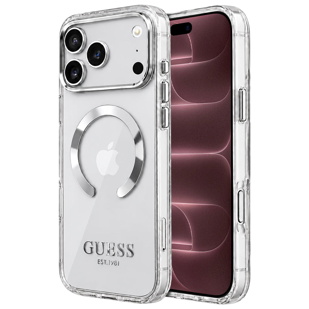 MagSafe-etui til Apple iPhone 18 Pro Max / 17 Pro Max, Guess, Metal Outline, Sølv
