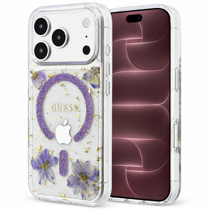 MagSafe-etui til Apple iPhone 18 Pro Max / 17 Pro Max, Guess, Harpiksblomster og Glitter, Lilla