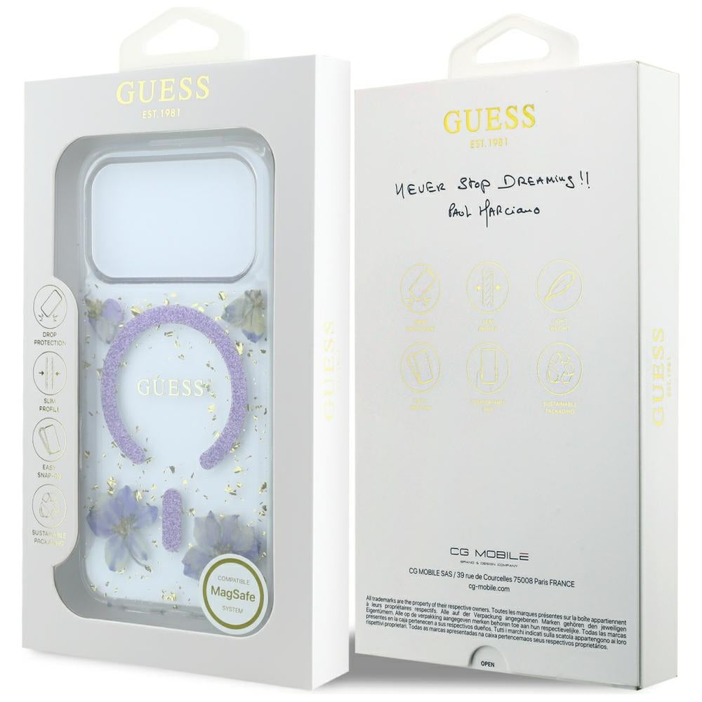 MagSafe-etui til Apple iPhone 18 Pro Max / 17 Pro Max, Guess, Harpiksblomster og Glitter, Lilla