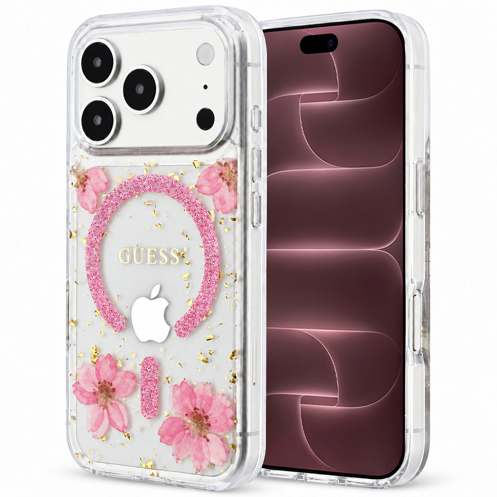 MagSafe-cover til Apple iPhone 18 Pro Max / 17 Pro Max, Guess, Resin Flowers and Glitter, lyserød