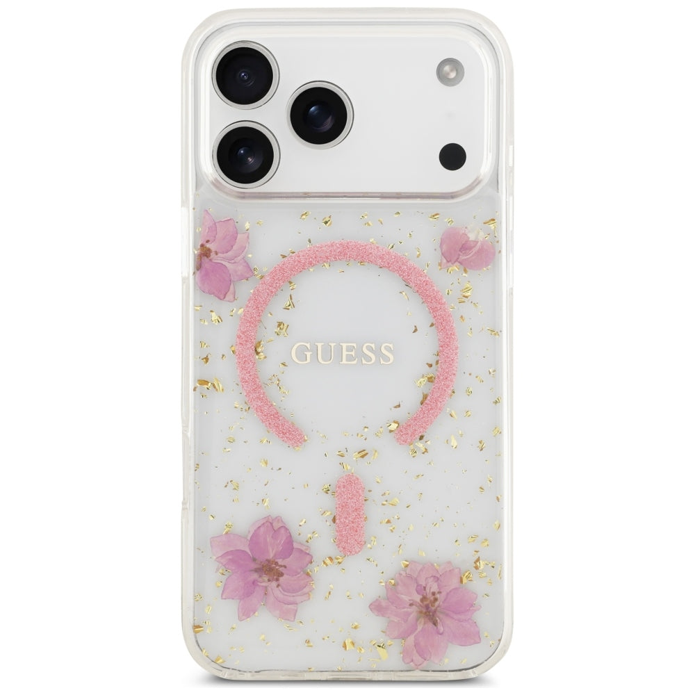 MagSafe-cover til Apple iPhone 18 Pro Max / 17 Pro Max, Guess, Resin Flowers and Glitter, lyserød