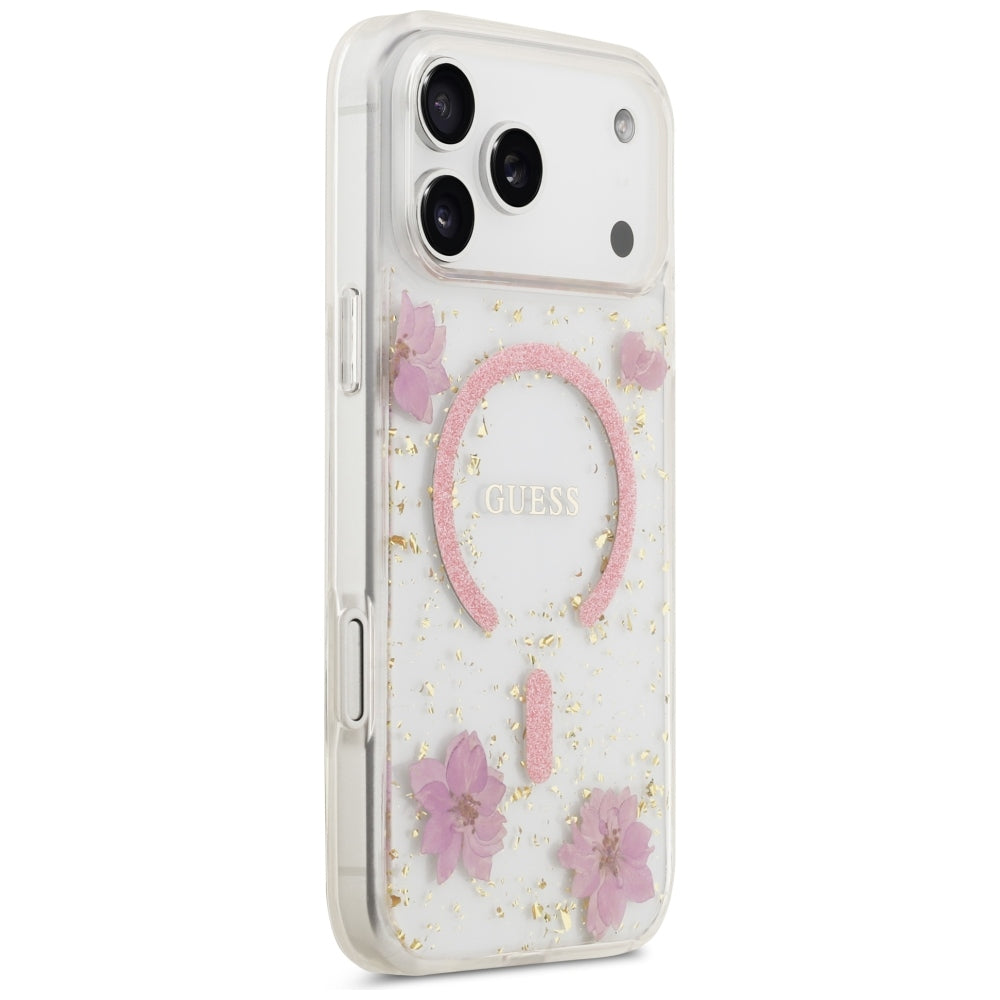 MagSafe-cover til Apple iPhone 18 Pro Max / 17 Pro Max, Guess, Resin Flowers and Glitter, lyserød