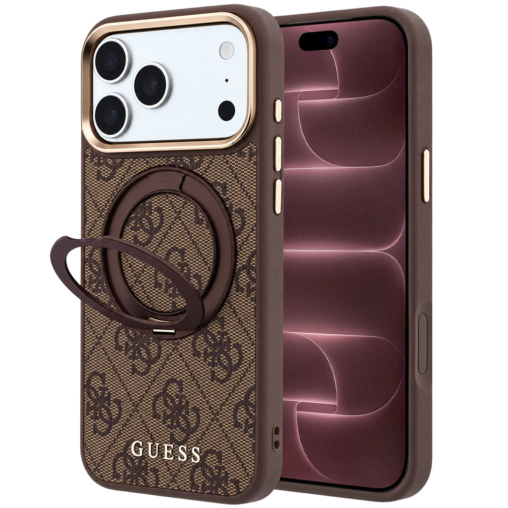 MagSafe-etui til Apple iPhone 18 Pro Max / 17 Pro Max, Guess, Ring Stand 360 4G Classic Logo, Brun