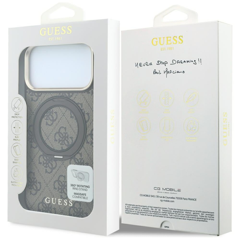 MagSafe-etui til Apple iPhone 18 Pro Max / 17 Pro Max, Guess, Ring Stand 360 4G Classic Logo, Brun