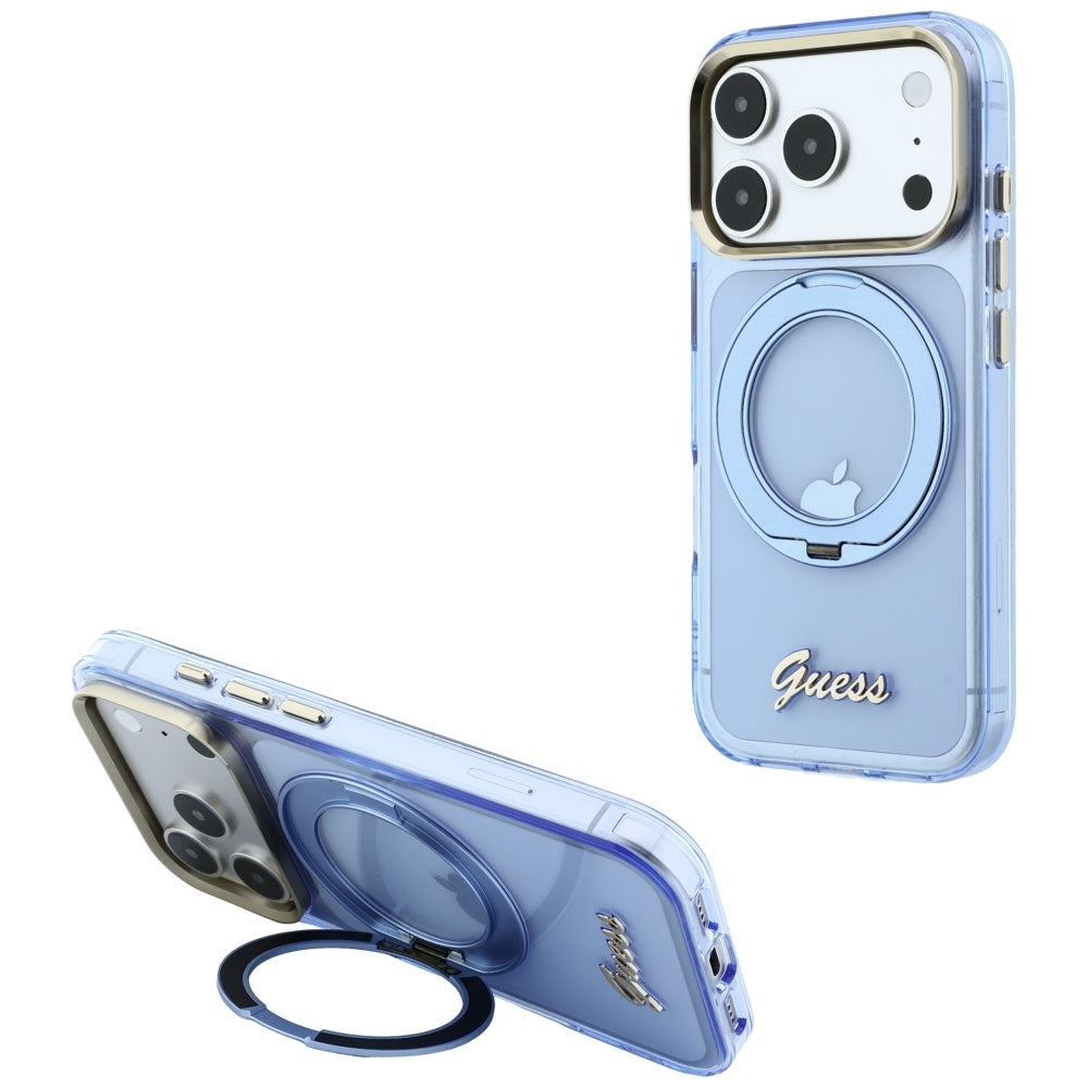 MagSafe-etui til Apple iPhone 18 Pro Max / 17 Pro Max, Guess, Ring Stand Script Metal Logo, Blå