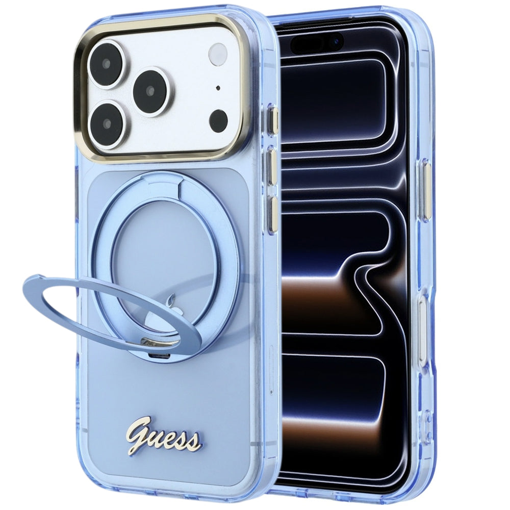 MagSafe-etui til Apple iPhone 18 Pro Max / 17 Pro Max, Guess, Ring Stand Script Metal Logo, Blå