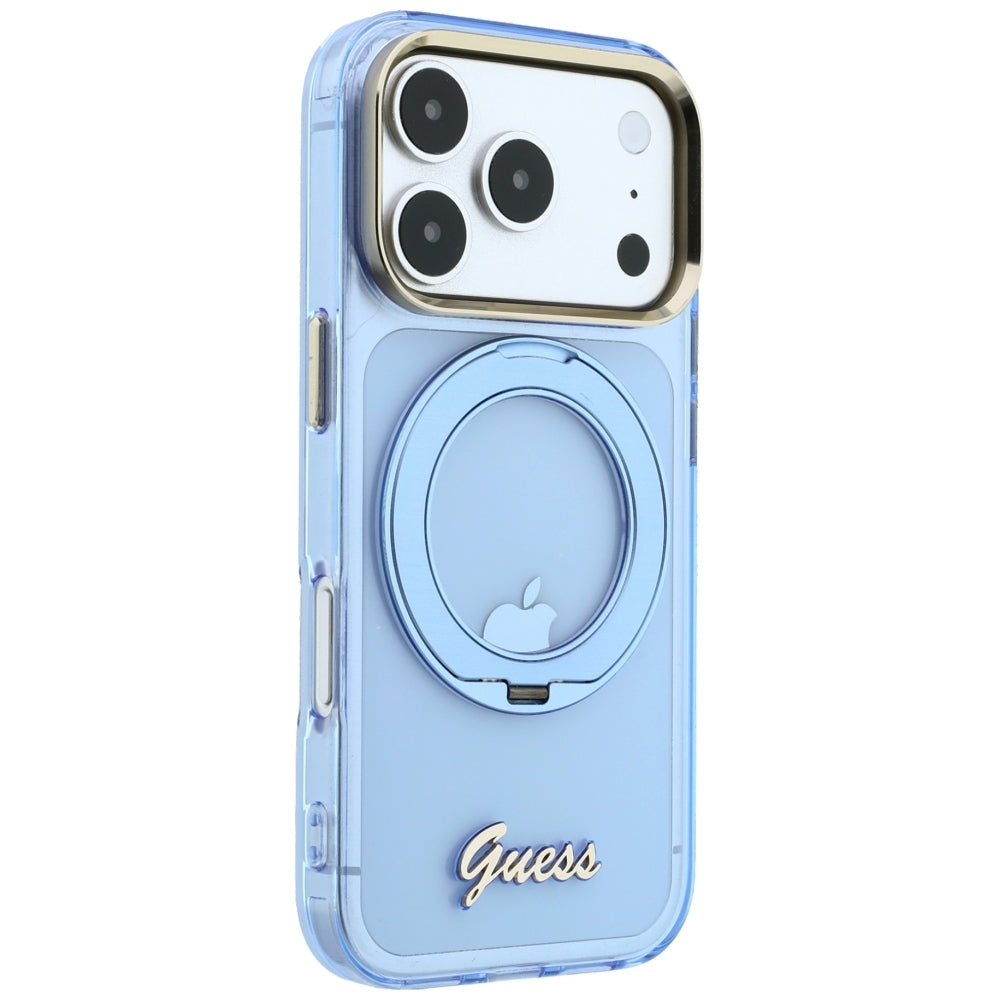 MagSafe-etui til Apple iPhone 18 Pro Max / 17 Pro Max, Guess, Ring Stand Script Metal Logo, Blå