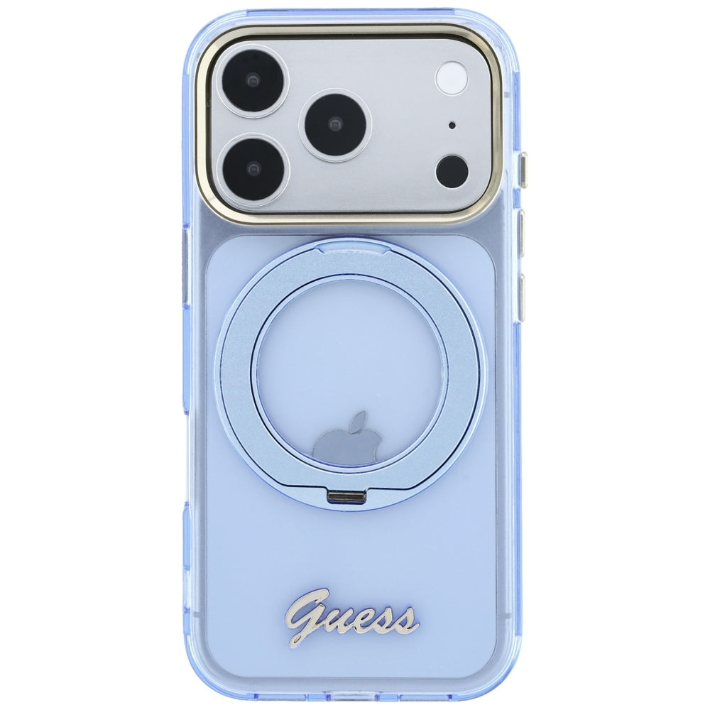 MagSafe-etui til Apple iPhone 18 Pro Max / 17 Pro Max, Guess, Ring Stand Script Metal Logo, Blå