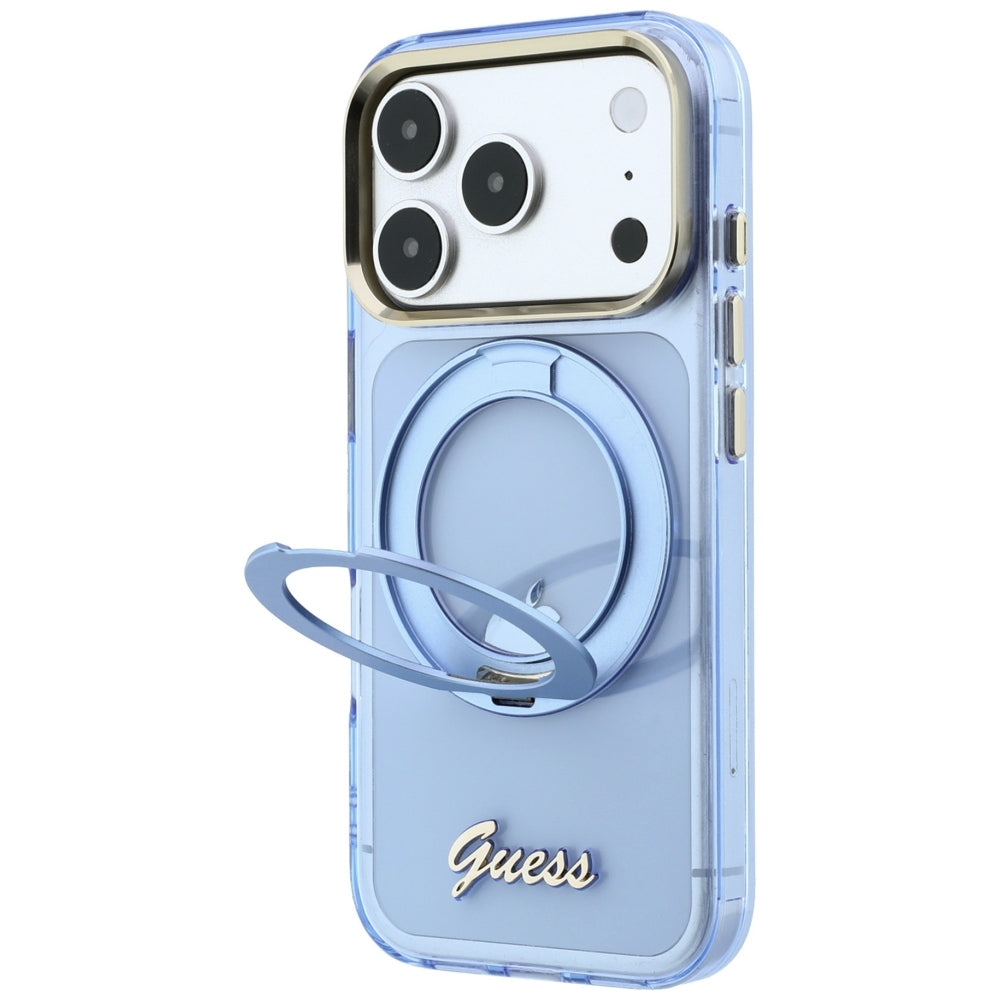 MagSafe-etui til Apple iPhone 18 Pro Max / 17 Pro Max, Guess, Ring Stand Script Metal Logo, Blå