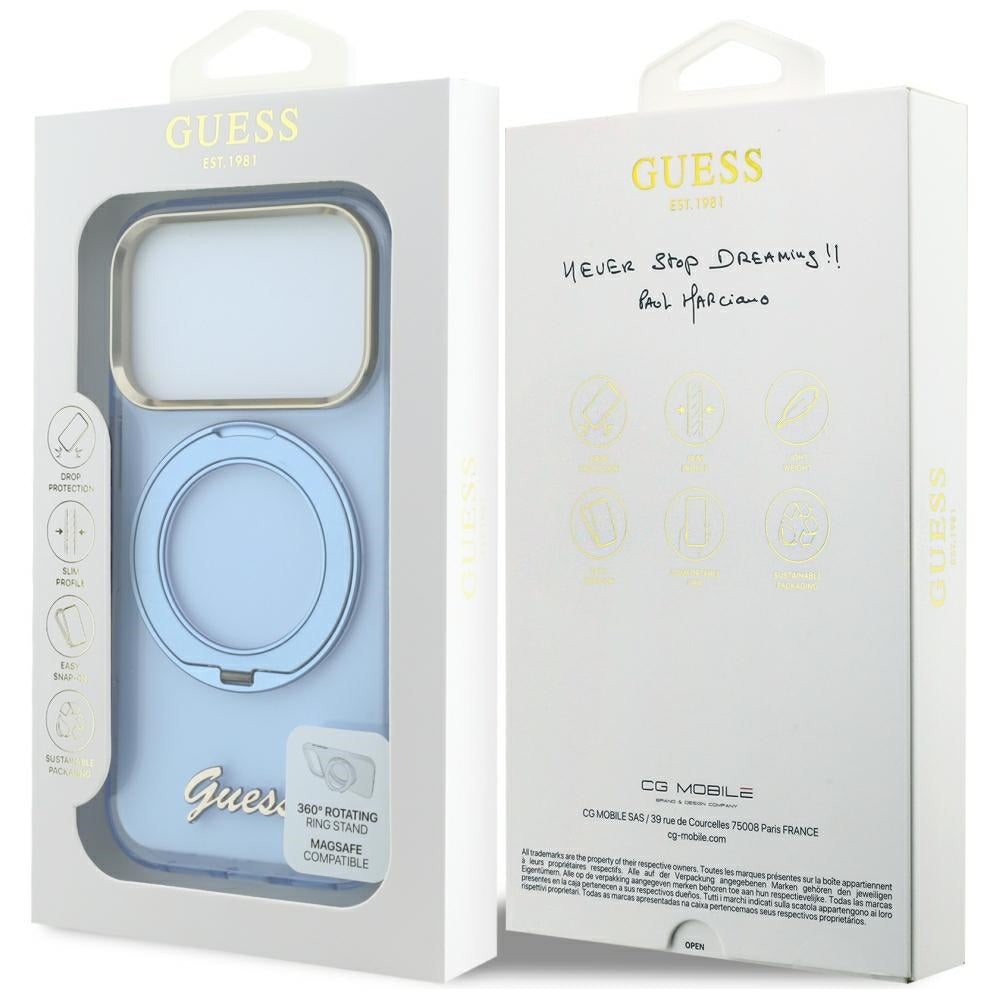 MagSafe-etui til Apple iPhone 18 Pro Max / 17 Pro Max, Guess, Ring Stand Script Metal Logo, Blå