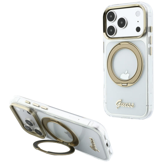 MagSafe-etui til Apple iPhone 18 Pro Max / 17 Pro Max, Guess, Ring Stand Script Metal Logo, Transparent