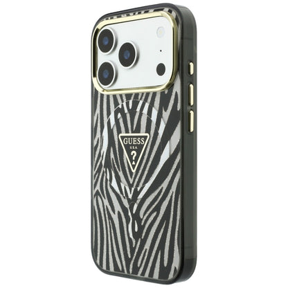 MagSafe Case for Apple iPhone 18 Pro Max / 17 Pro Max, Guess, Zebra Glitter Triangle Logo, Silver