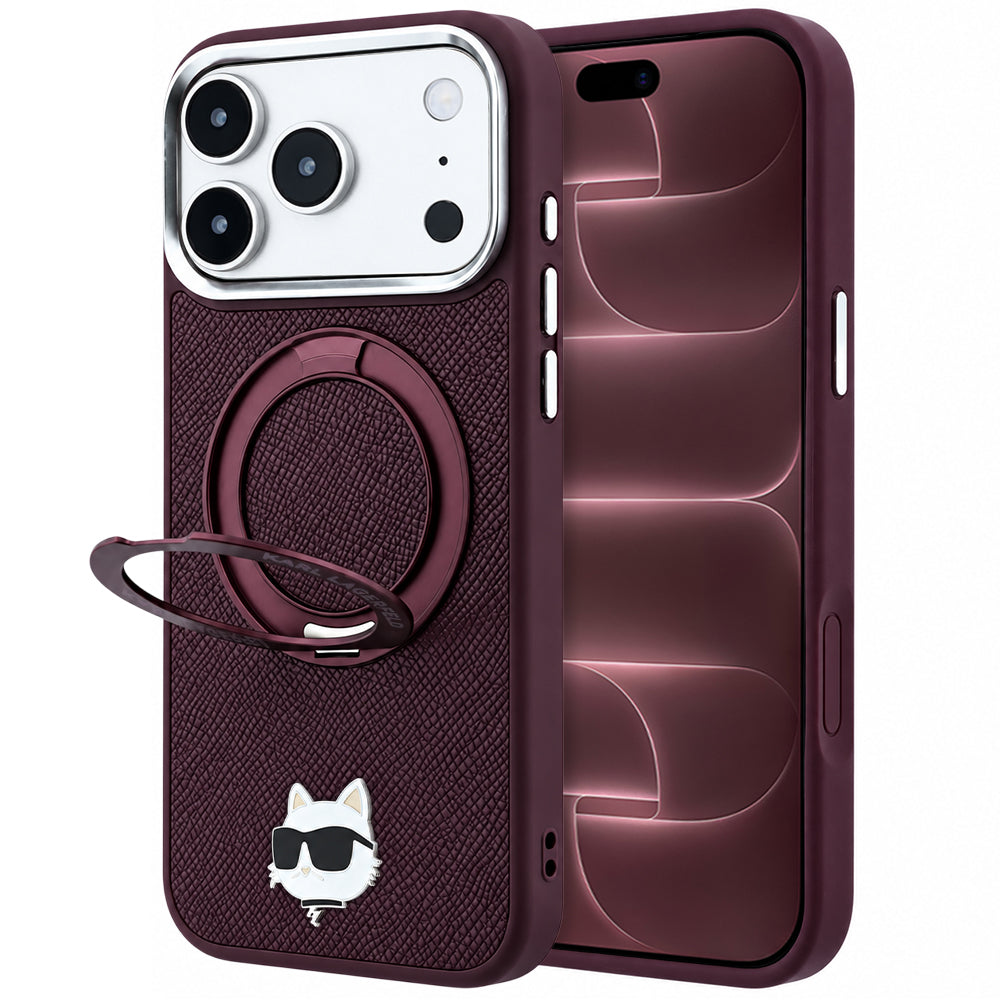 MagSafe-etui til Apple iPhone 18 Pro Max / 17 Pro Max, Karl Lagerfeld, Saffiano Ring Stand 360 Choupette Pin, Vinrød
