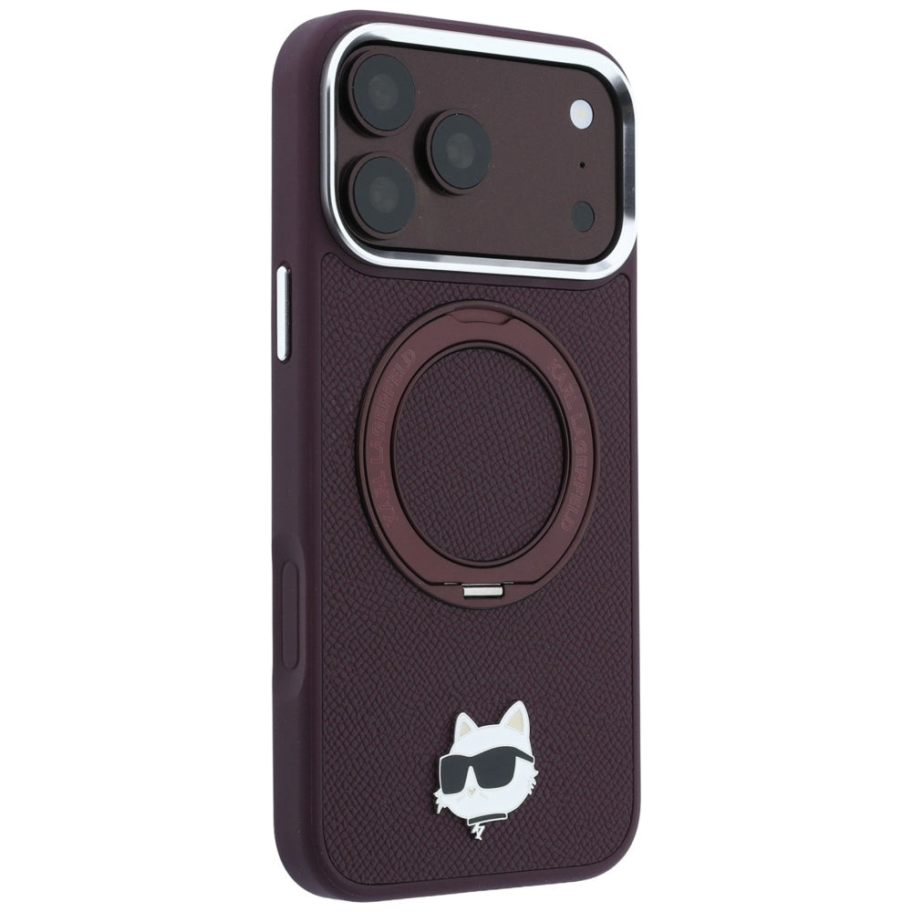 MagSafe-etui til Apple iPhone 18 Pro Max / 17 Pro Max, Karl Lagerfeld, Saffiano Ring Stand 360 Choupette Pin, Vinrød