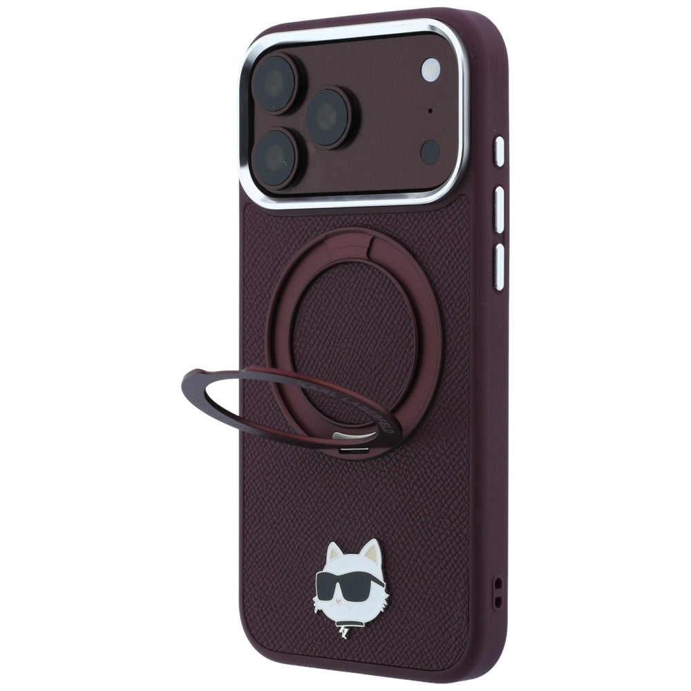 MagSafe-etui til Apple iPhone 18 Pro Max / 17 Pro Max, Karl Lagerfeld, Saffiano Ring Stand 360 Choupette Pin, Vinrød