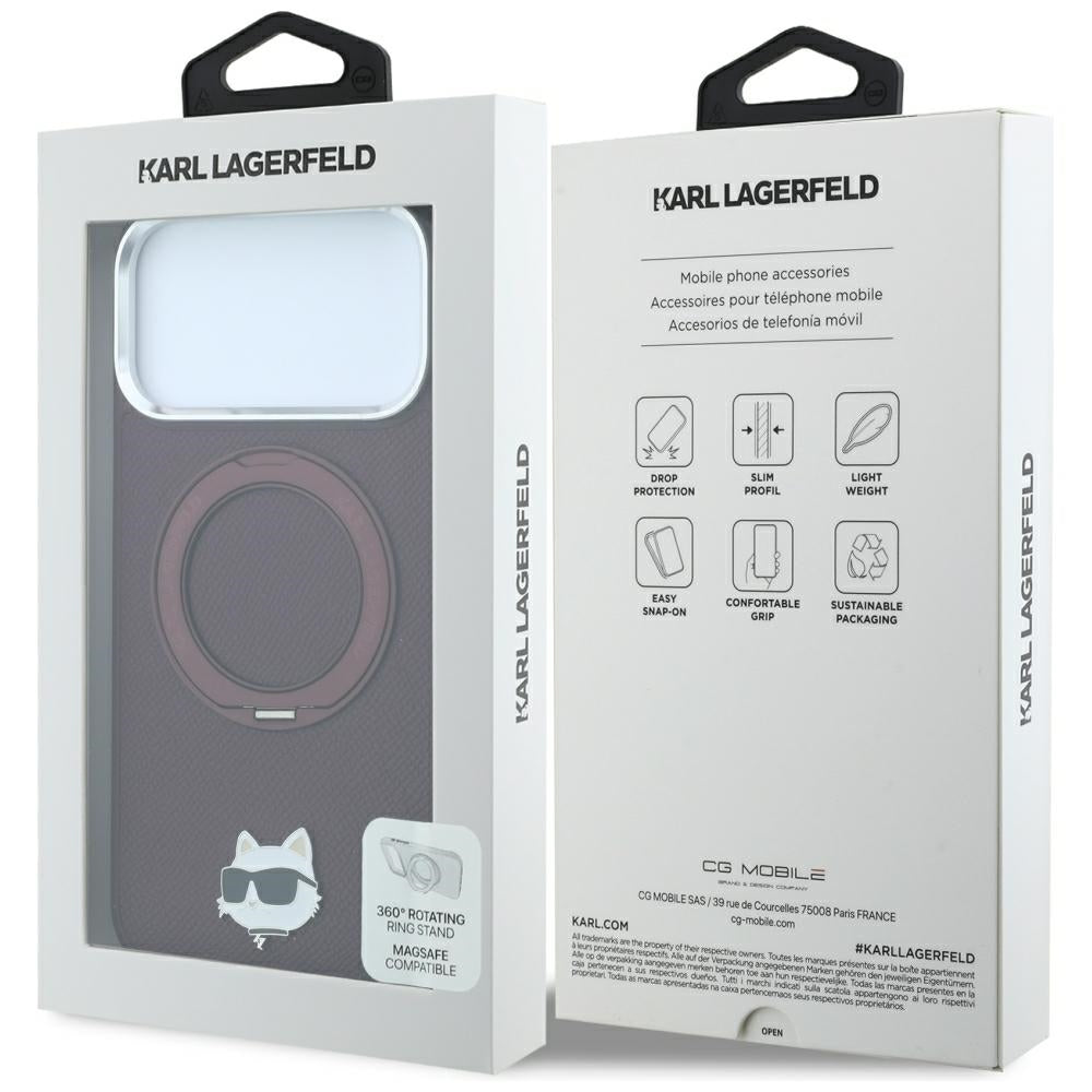 MagSafe-etui til Apple iPhone 18 Pro Max / 17 Pro Max, Karl Lagerfeld, Saffiano Ring Stand 360 Choupette Pin, Vinrød