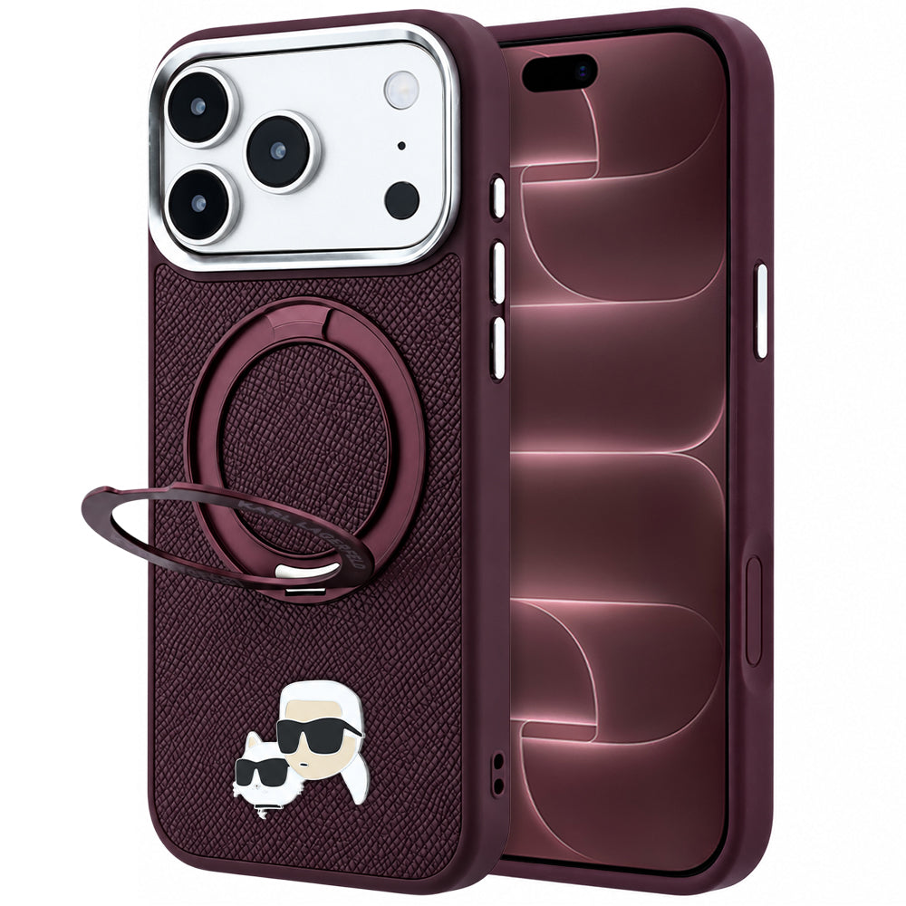 MagSafe-cover til Apple iPhone 18 Pro Max / 17 Pro Max, Karl Lagerfeld, Ring Stand 360 Karl & Choupette Pin, vinrød