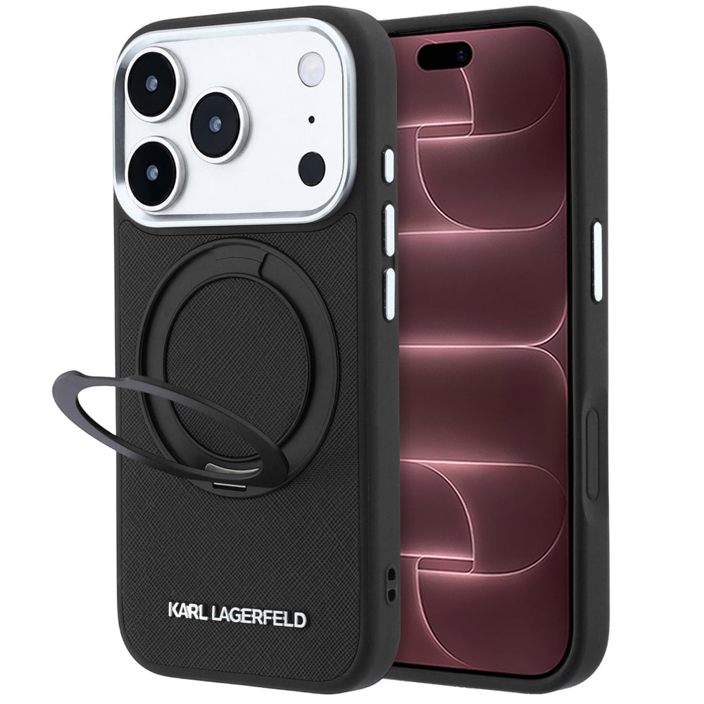 MagSafe-etui til Apple iPhone 18 Pro Max / 17 Pro Max, Karl Lagerfeld, Ring Stand 360 Saffiano, Sort