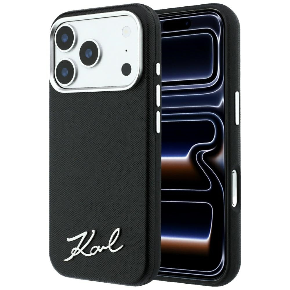 MagSafe-etui til Apple iPhone 18 Pro Max / 17 Pro Max, Karl Lagerfeld, Saffiano Small Script Metal Logo, Sort