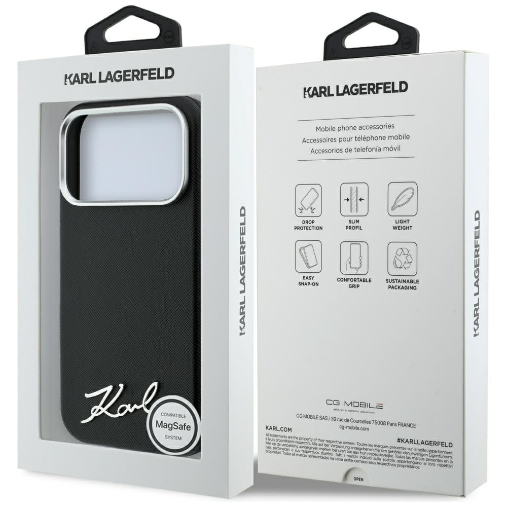 MagSafe-etui til Apple iPhone 18 Pro Max / 17 Pro Max, Karl Lagerfeld, Saffiano Small Script Metal Logo, Sort