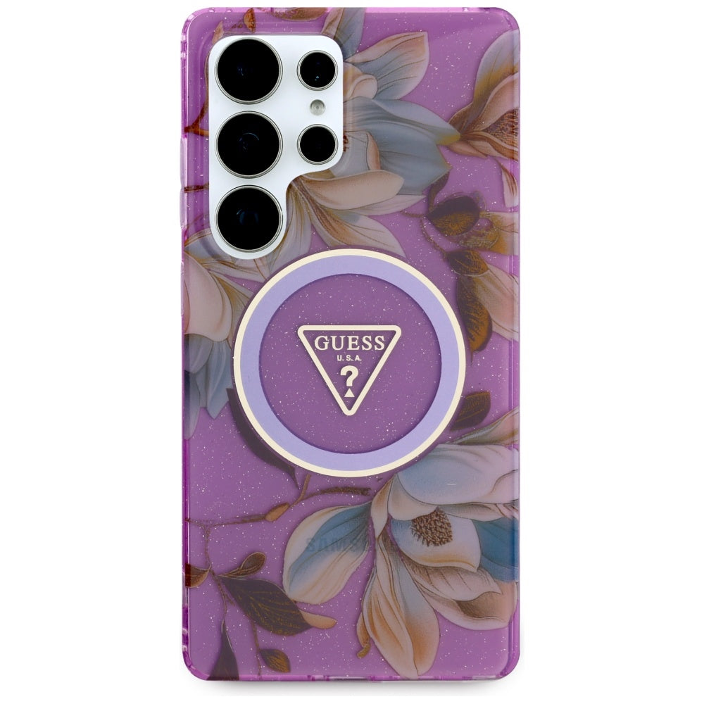 MagSafe Case for Samsung Galaxy S25 Ultra S938, Guess, IML Metal Glitter Flowers Triangle, Purple