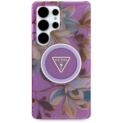 MagSafe Case for Samsung Galaxy S25 Ultra S938, Guess, IML Metal Glitter Flowers Triangle, Purple