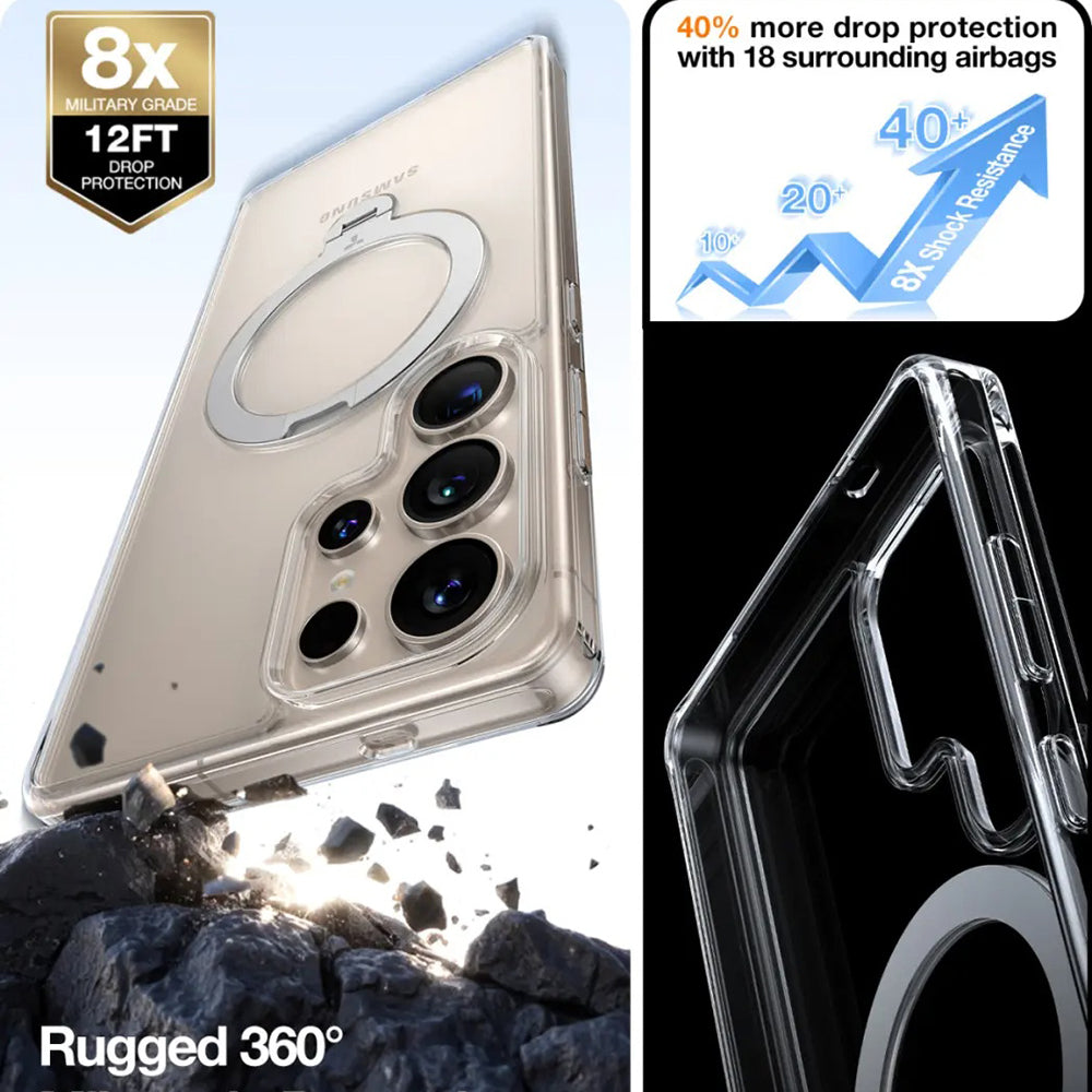MagSafe cover til Samsung Galaxy S25 Ultra S938, Torras, Ostand Spin, Gennemsigtig