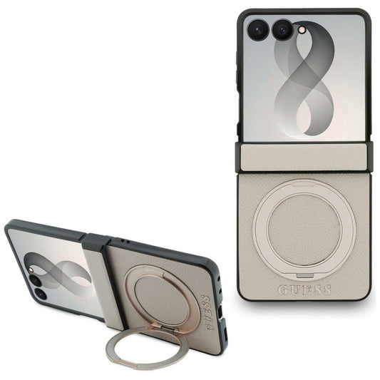 MagSafe-etui til Samsung Galaxy Z Flip8 F776, Guess, Ring Stand Grained Classic Logo, Beige