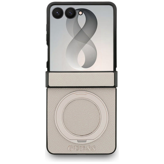 MagSafe-etui til Samsung Galaxy Z Flip8 F776, Guess, Ring Stand Grained Classic Logo, Beige