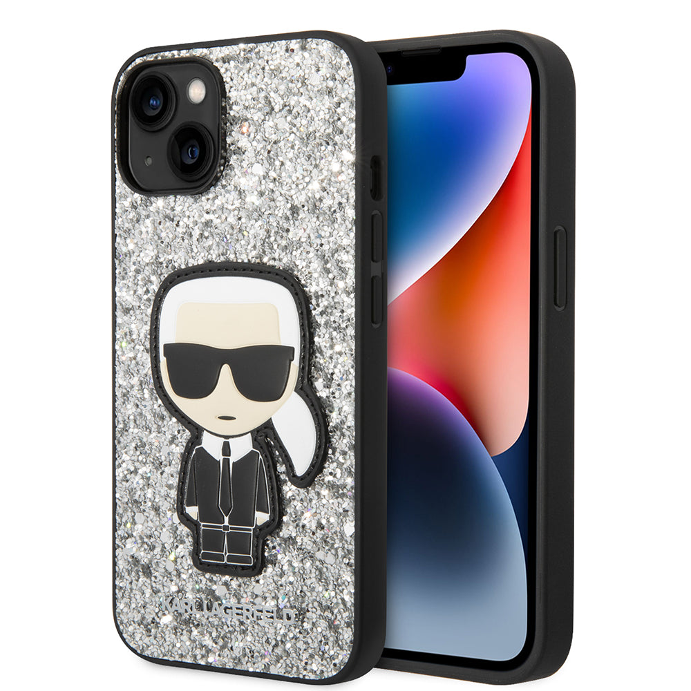 Etui til Apple iPhone 14, Karl Lagerfeld, Glitter Flakes Ikonik Karl, Sølvfarvet