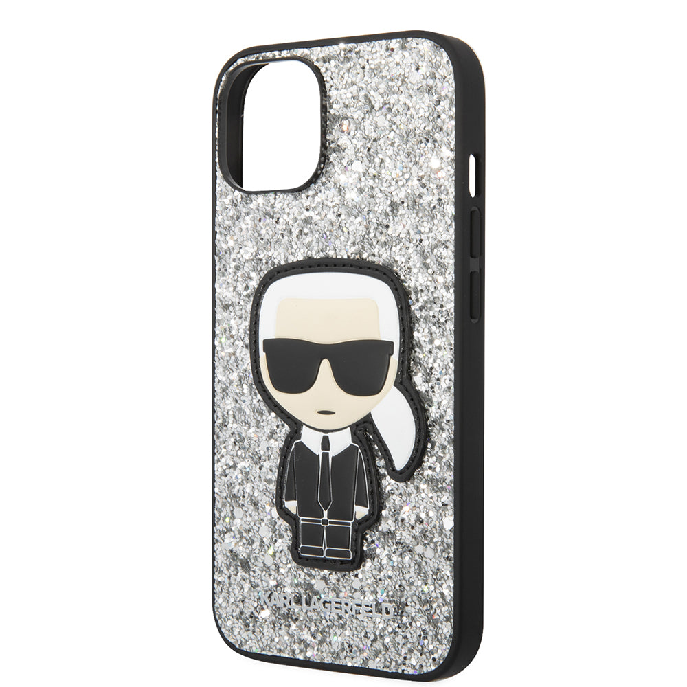 Etui til Apple iPhone 14, Karl Lagerfeld, Glitter Flakes Ikonik Karl, Sølvfarvet