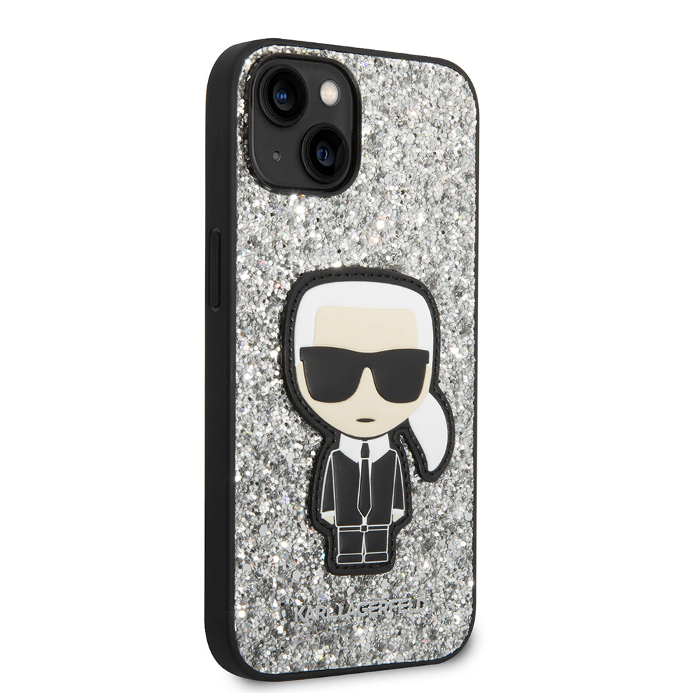 Etui til Apple iPhone 14, Karl Lagerfeld, Glitter Flakes Ikonik Karl, Sølvfarvet