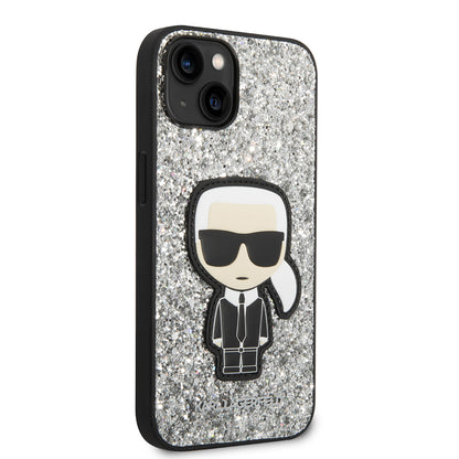Etui til Apple iPhone 14, Karl Lagerfeld, Glitter Flakes Ikonik Karl, Sølvfarvet