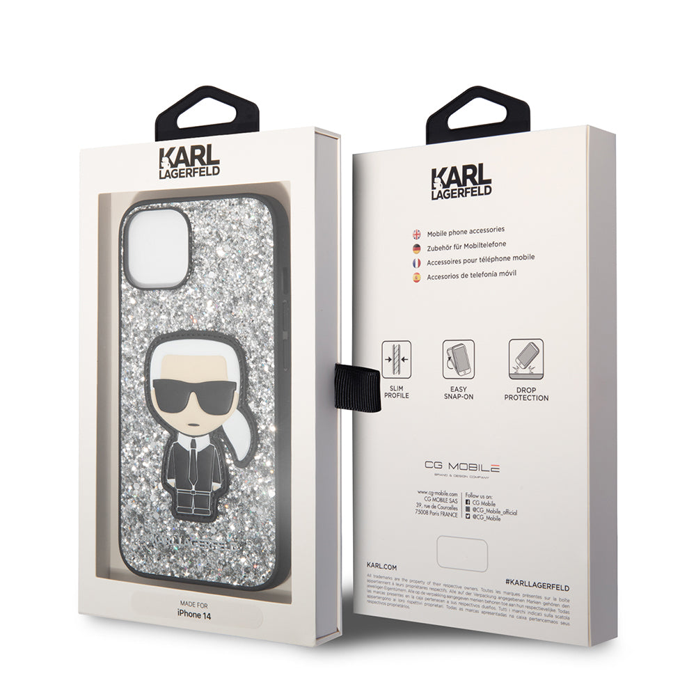Etui til Apple iPhone 14, Karl Lagerfeld, Glitter Flakes Ikonik Karl, Sølvfarvet