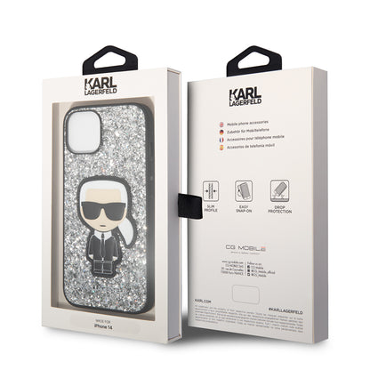 Etui til Apple iPhone 14, Karl Lagerfeld, Glitter Flakes Ikonik Karl, Sølvfarvet