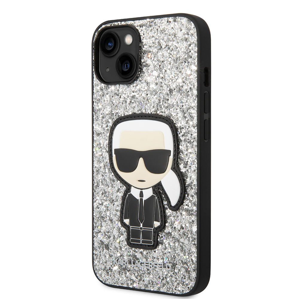 Etui til Apple iPhone 14, Karl Lagerfeld, Glitter Flakes Ikonik Karl, Sølvfarvet
