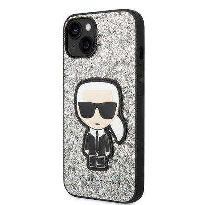 Etui til Apple iPhone 14, Karl Lagerfeld, Glitter Flakes Ikonik Karl, Sølvfarvet