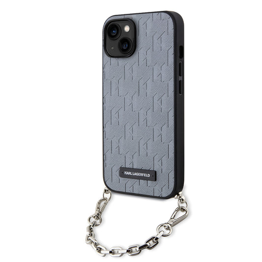 Etui til Apple iPhone 14, Karl Lagerfeld, Saffiano Monogram Chain, Sølvfarvet